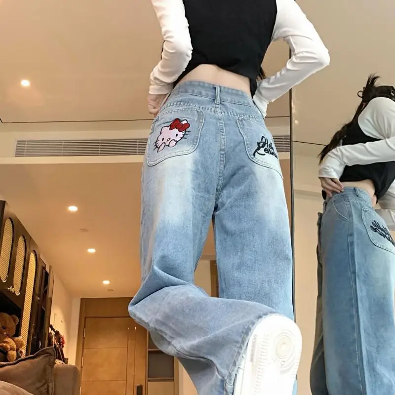 Jeans Harajuku Sanrios Y2K Hello Kitty Trend Anime Kawaii Kt Wide Leg Pants Loose for Women Trouser Street Student Casual Fashio