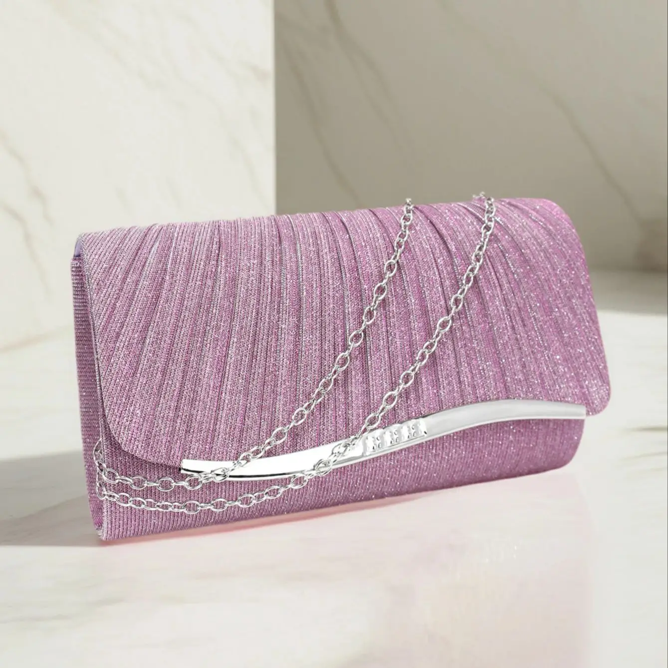 Purple Ruched Women Evening Glitter Envelope Handbags