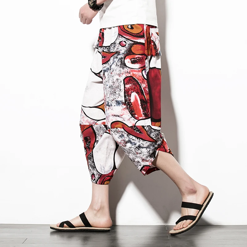 Men Traditional Style Summer Big Size Casual Calf-Length Pants Korean Style Cotton Printed Loose Male Trouser Streetwear
