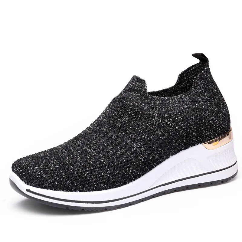 2022 Stretch Mesh Knitted Sock Shoes Summer Sneakers Women Slip on Platform Loafers Sport Vulcanized Wedges Shoes Girls Spring