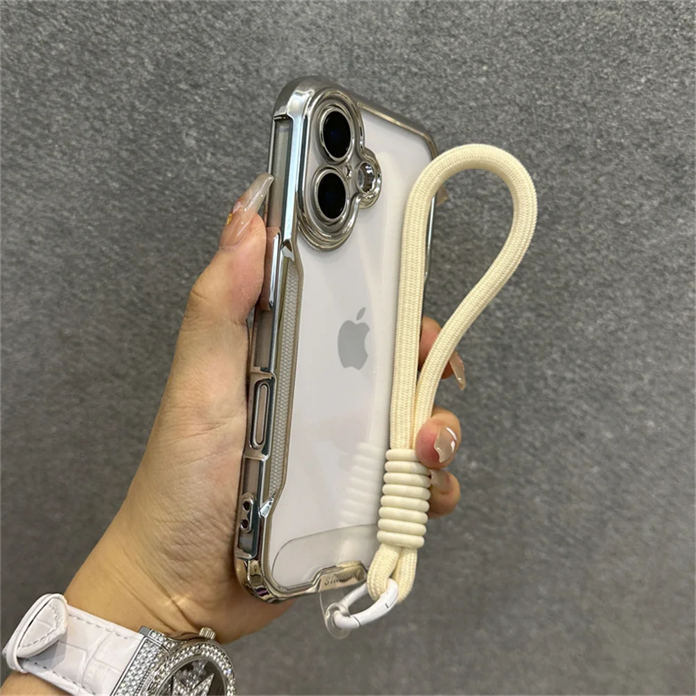 Elegant Plated Clear Wrist Strap Lanyard Phone Case with Cooling Protective Cover