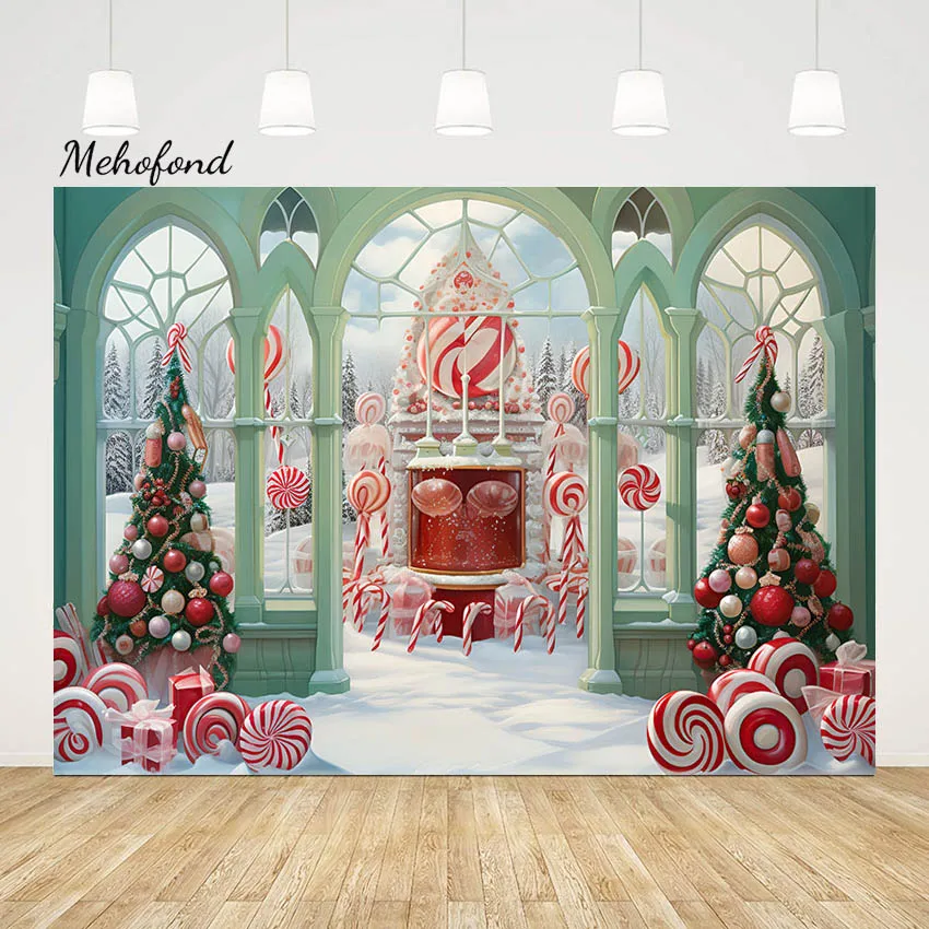 

Mehofond Winter Christmas Candy Bar Backdrop Kids Portrait Photography Child Photocall Window Green Xmas Tree Photo Background