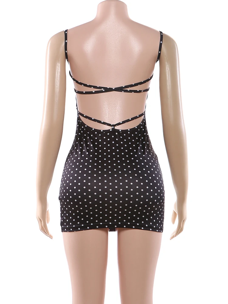 Nibber Polka Dot Print Kleid Frauen rückenfrei Low-Neck ärmellos dünn Elastizität Sexy Mitternacht Abschlussball Party Hottie Mini figurbetont – Detail 4