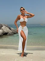 Vintage White Swimsuit Women Metal Oyster Buckle Push Up Mesh Long Skirt 3 Piece Bikini Set 2025 Holiday Bathing Suit Swimwear
