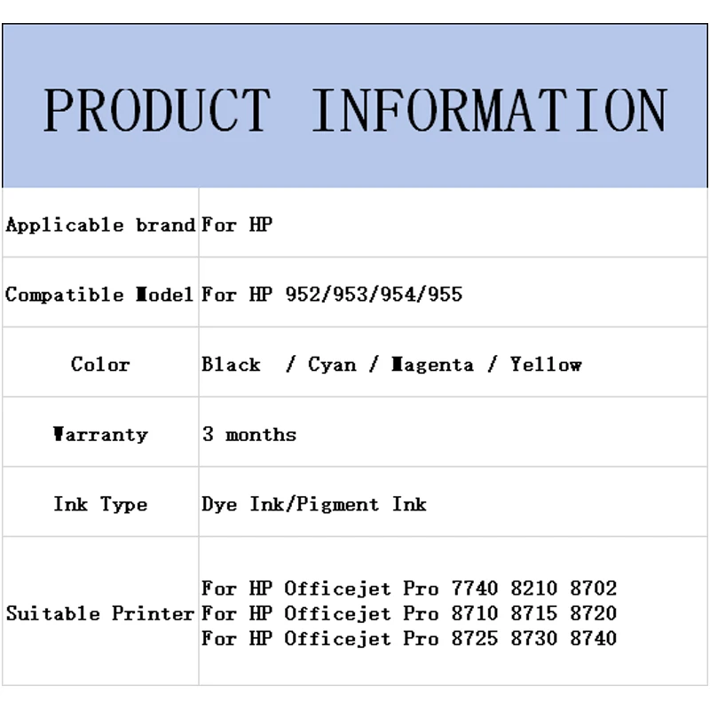 HP952 952 953 954 955 프린터 잉크는 HP 오피스젯 프로 8210 8710 8720 8730 8216 8745 8740 8715 7740 7720 프린터와 호환되며, hp7740에도 사용 가능