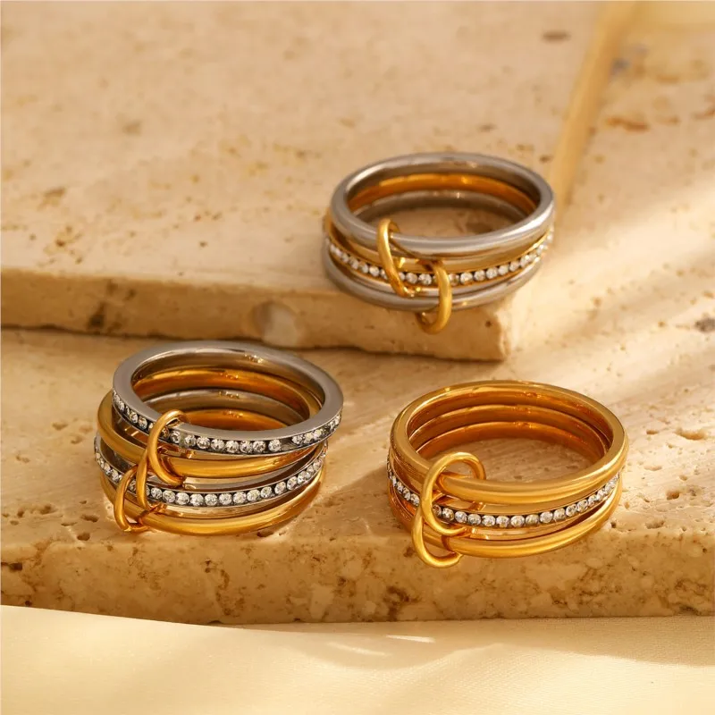 316L Stainless Steel Mixed Color Inlaid Zircon Stacked Ring for Women Vinatge Elegant Waterproof Rings Party Jewelry Gifts