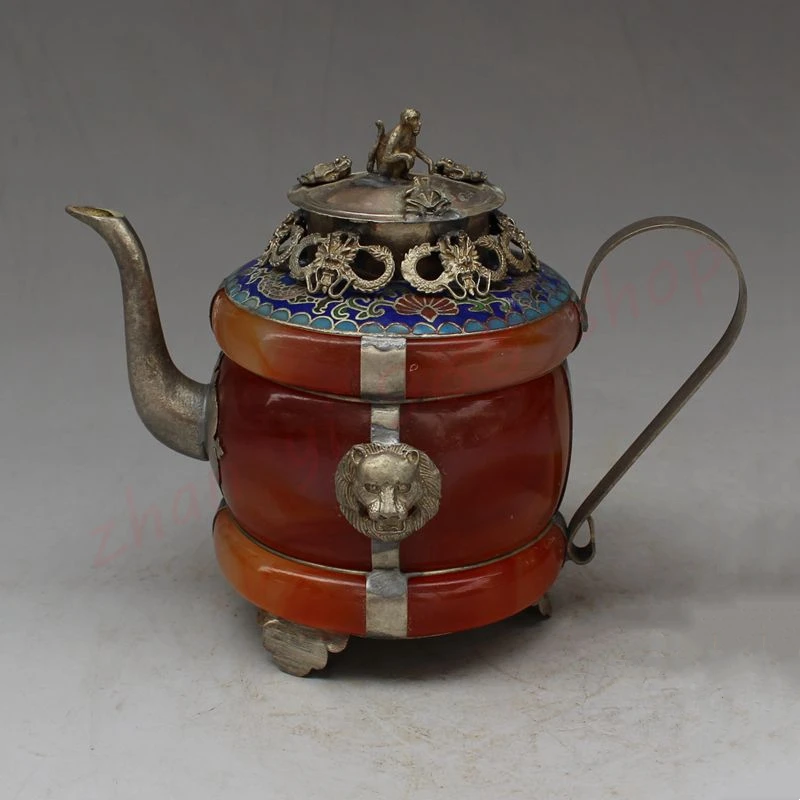 

White copper plated carved red jade dragon beak pot, exquisite household decoration ornaments, auspicious ornaments