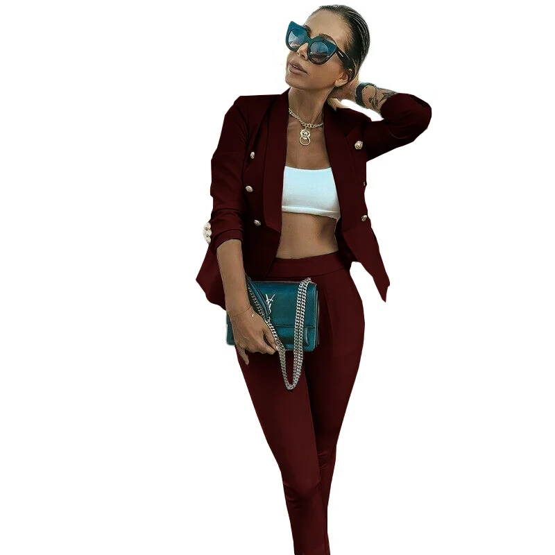 Women's Suit Pant Set 2 Piece Double Breasted Jacket Formal Business Lady Blazer Pants ensemble femme 2 pièces