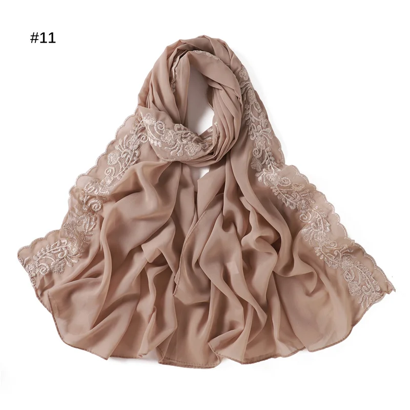 Plain Sticken Floral Blase Chiffon Hijab Ramadan Spitze Stich Schals Frauen Sonnencreme Kopftuch Outdoor Winddicht Kopf Wrap – Detail 21