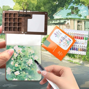 Travel Paint Palette Pocket Artist Watercolor Set with Clip Portable Watercolor Set Wooden Grid Paint Box 1