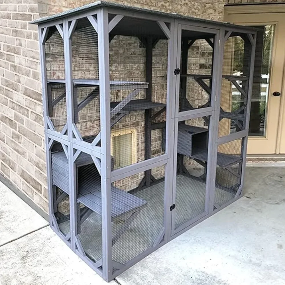 Catio Outdoor Cat Enclosure Large Walk in Cat Kennel Kitten Cage with Platforms and Small Houses 71.1"L x 38"W x 70.8"H