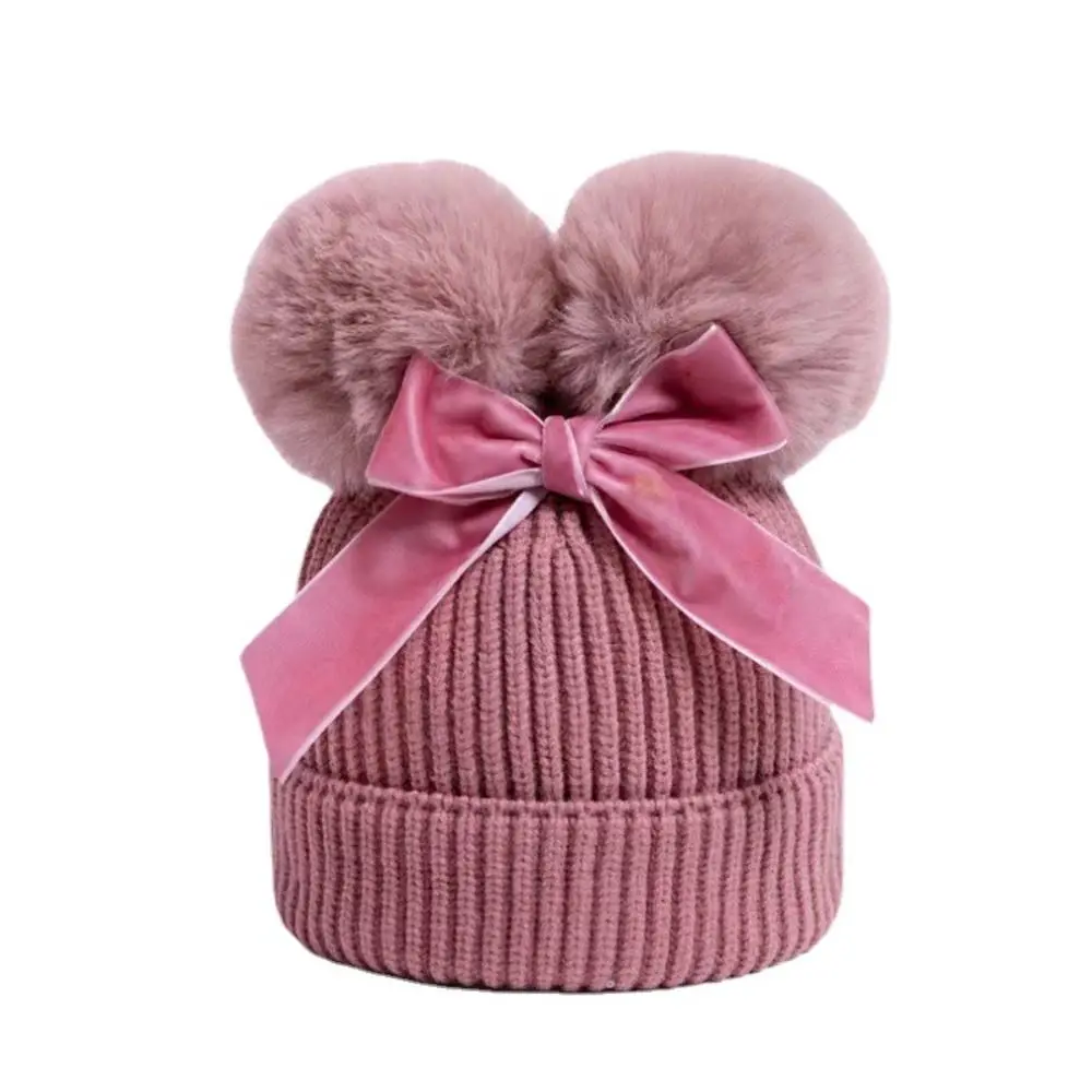 

Knitted Children's Woolen Hat Windproof Thicken With Pom Pom Baby Winter Hats Cotton Lining Warm Cap Boys Girls