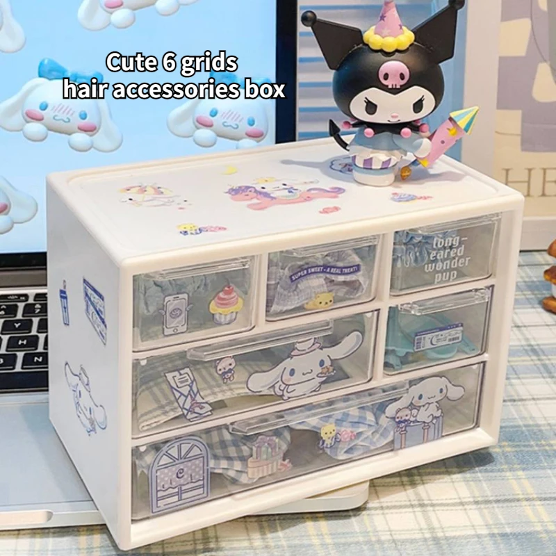 Kawaii Sanrio Girls Cinnamoroll Desktop Storage Box Kuromi Melody 6 Grids Drawer-type Stationery Desk Organizer