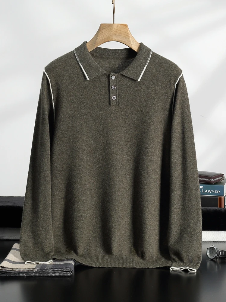 Men's 100% Cashmere Polo Sweater Autumn Winter Basic Smart Casual Long Sleeve Pullover Cashmere Knitwear Soft Comfy Clothing Top 2