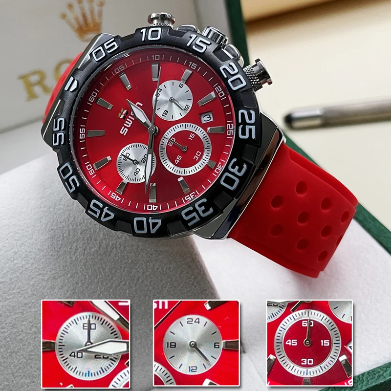 2023 New Sports Wach for Men Military Wristwatch Chronograph Date Rubber Band Waterproof Watches Reloj Hombre Three-eye Dial