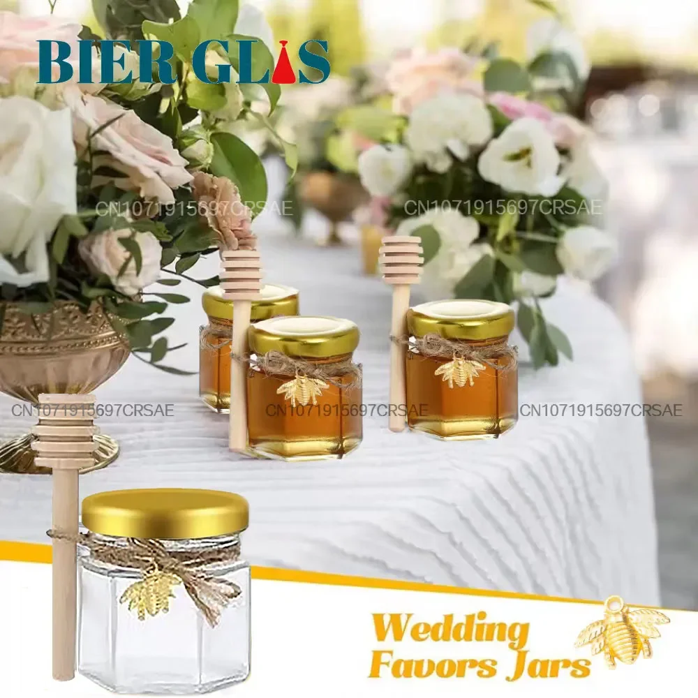 10Pc 15 Pcs 1.5oz Hexagon Mini Glass Honey Jar Wood Dipper Gold Lid Bee Pendant Small Containers Bottles for Jam Candies Pudding