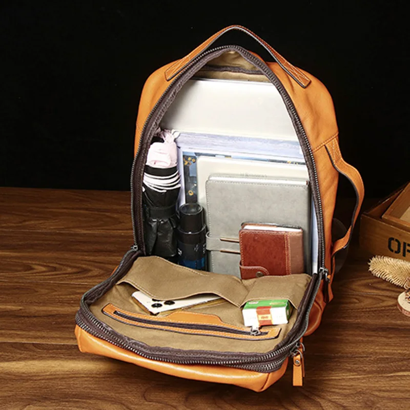 Men's Genuine Leather Backpack Trendy Fashion Tree Cream Top Layer Cowhide Large Capacity Printed Computer Bag