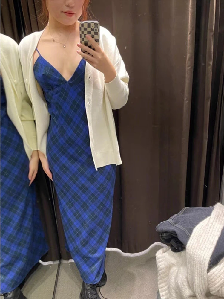 Blue Plaid Long Dress Women Holiday Leisure Sexy V-neck Summer Sleeveless  Literary Graceful Classic Temperament A-line Vestidos - AliExpress 200000345