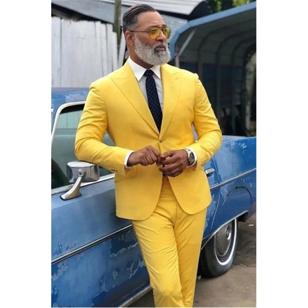Yellow Blazer Formal Men's Suits 2 Piece Jacket Pants Slim Fit Single Breasted Peaked Lapel Smart Casual Costume Homme Terno