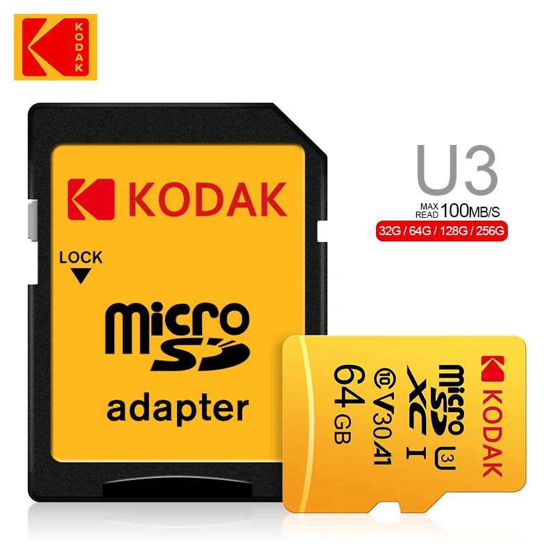 KODAK 마이크로 tf SD 카드, 고속 4K SDXC SDHC 클래스 10 V30, 128GB, 256GB, HS-I HD SLR 디지털 카메라 메모리 카드, 32GB, 64GB