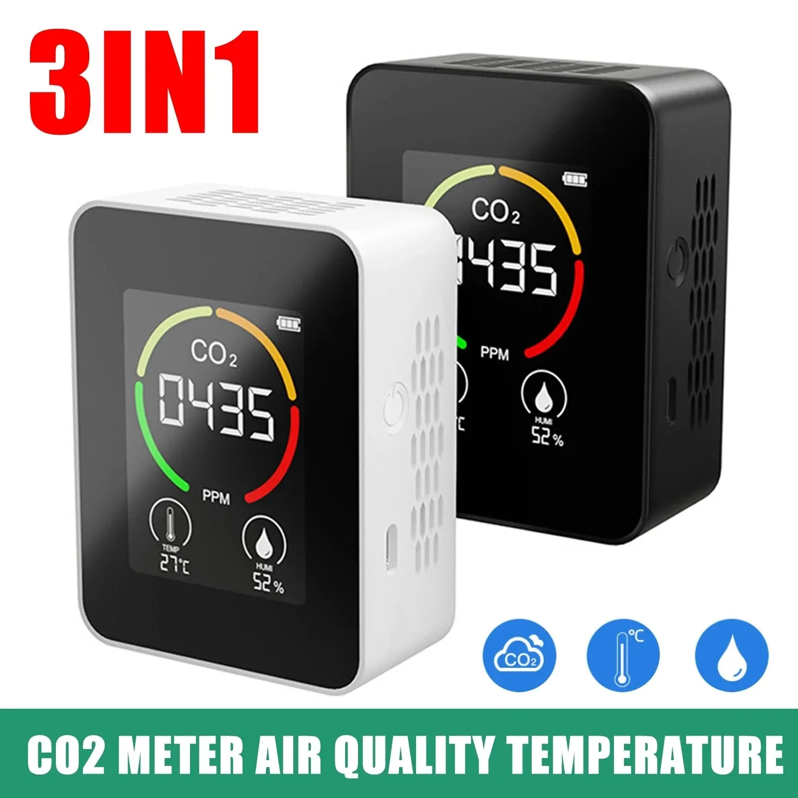 LCD CO2 Meter Air Quality Temperature Carbon Dioxide Detector Automatic Calibration 400-5000PPM Air Quality Monitor 3 In 1
