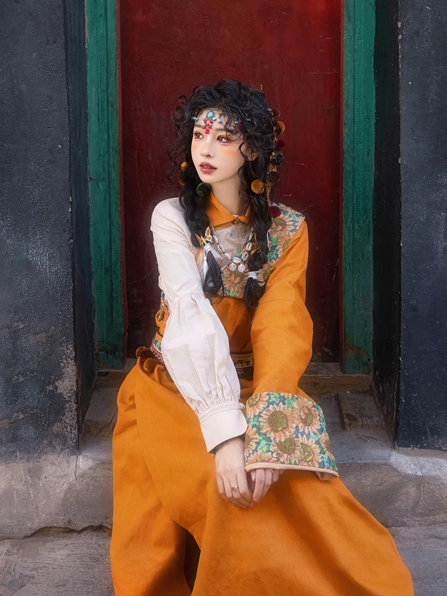 Tibetan Clothing Women's Robe Yellow Improved National Style Top Tibet Travel Photography Thin