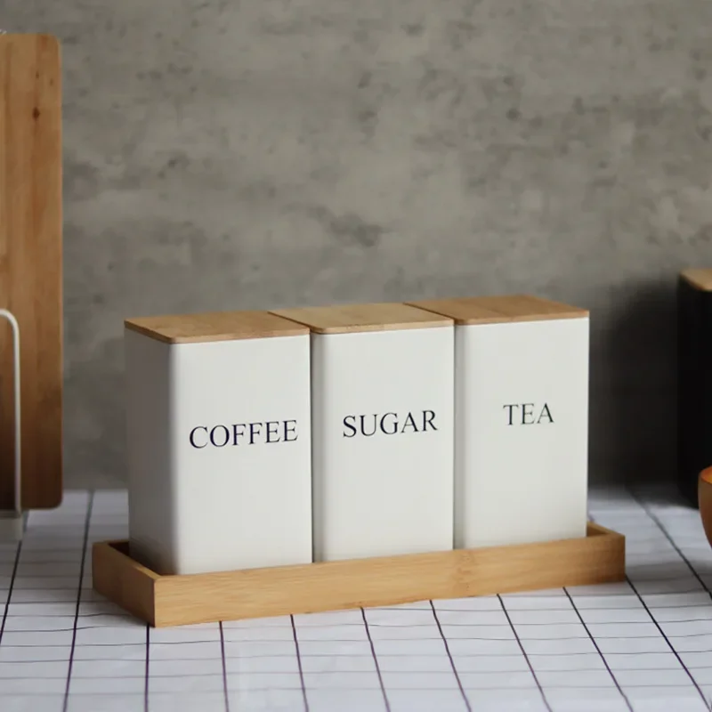 Juego De 3 Botes Para Té, Café Y Azúcar Con Bandeja - Latas De Hierro Con Tapa De Bambú, Decoración De Cocina