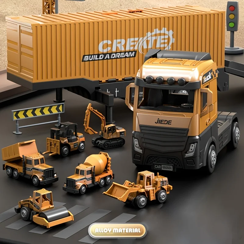 Alloy Construction Trucks Vehicle Toys for Kids Sounds Lights Effects Take Apart Container Crane,Excavator Trucks,Cement Mixer - 5