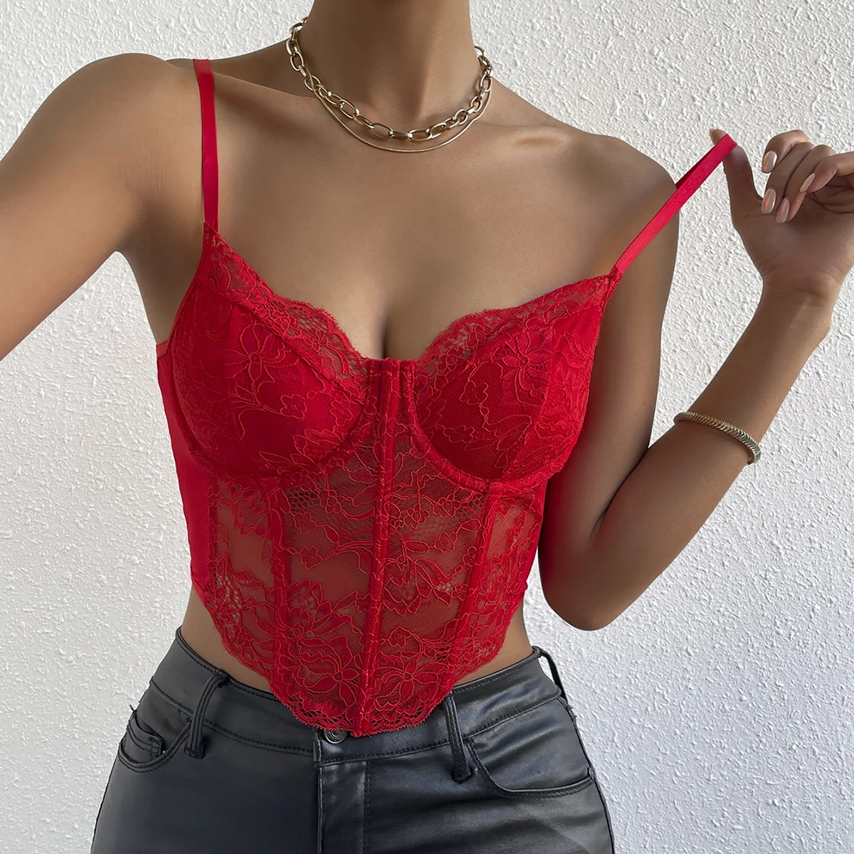 Sexy Lace V-neck Underwire Fishbone Floral Embroidery Backless Crop Tops Sheer Hottie Corset Hollowing Halter Shapewear Camisole