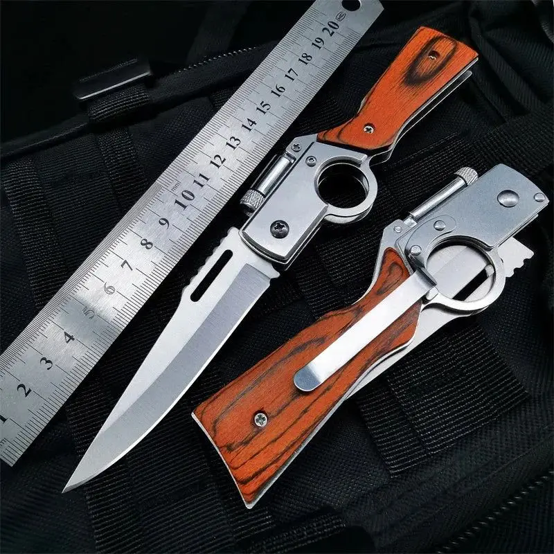 YOUSUNLONG Coltello da Tasca Pieghevole Coltello da 190 mm per Uso Quotidiano Coltello a Una Mano con Fodero in Pelle e Manico in Corno di Bufalo Naturale con Scatola in Noce Naturale
