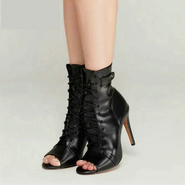 Women's Black Peep-Toe High Heel Stilettos Size 46 New Fashion Brand Party Boots for Ballroom Latin Jazz Dance Sexy Party Shoes