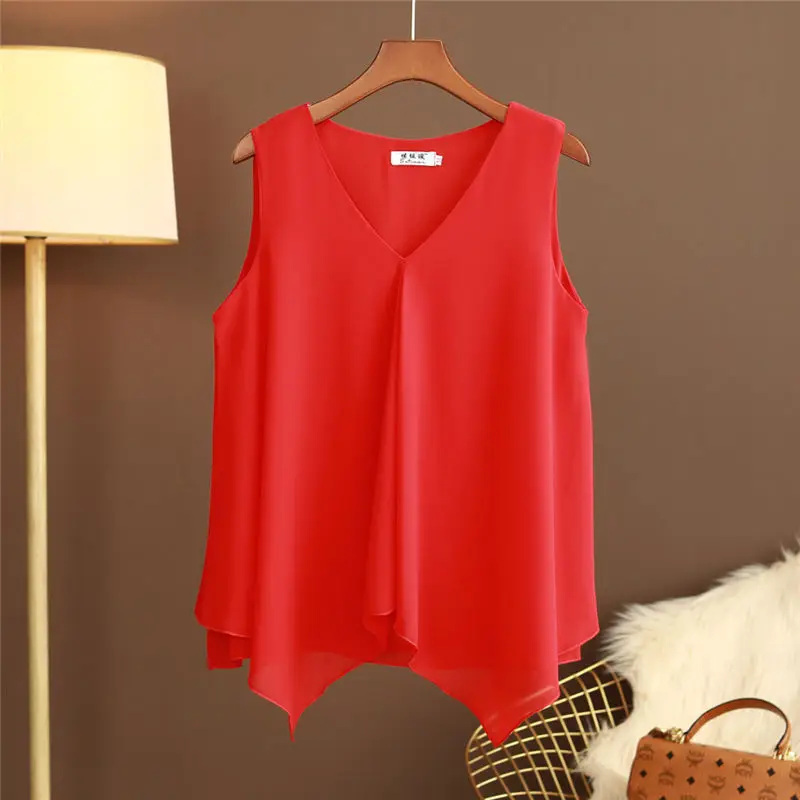 ZIFUYAO Women Chiffon Blouse 2024 Summer New sleeveless Red/white Shirts Loose Casual Bottoming Tops Blusa