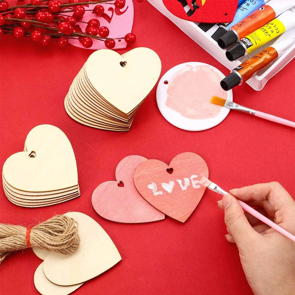 40 Pieces Valentine's Day Wooden Heart Ornaments Heart Wooden Embellishment  Wood Tags Love Heart Hanging Ornament Wedding Crafts Decorations, Red and