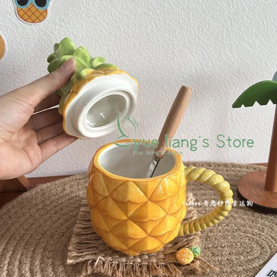 Pineapple Shaped Ceramic Mug with Lid ,Creative Hawaiian Cups