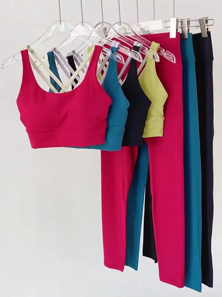 Lemon Ribbed Women gym Fitness Yoga Set Tights cross Sports Bra and Leggings 2 Pieces Suit Tracksuit Comprehensive training jog
