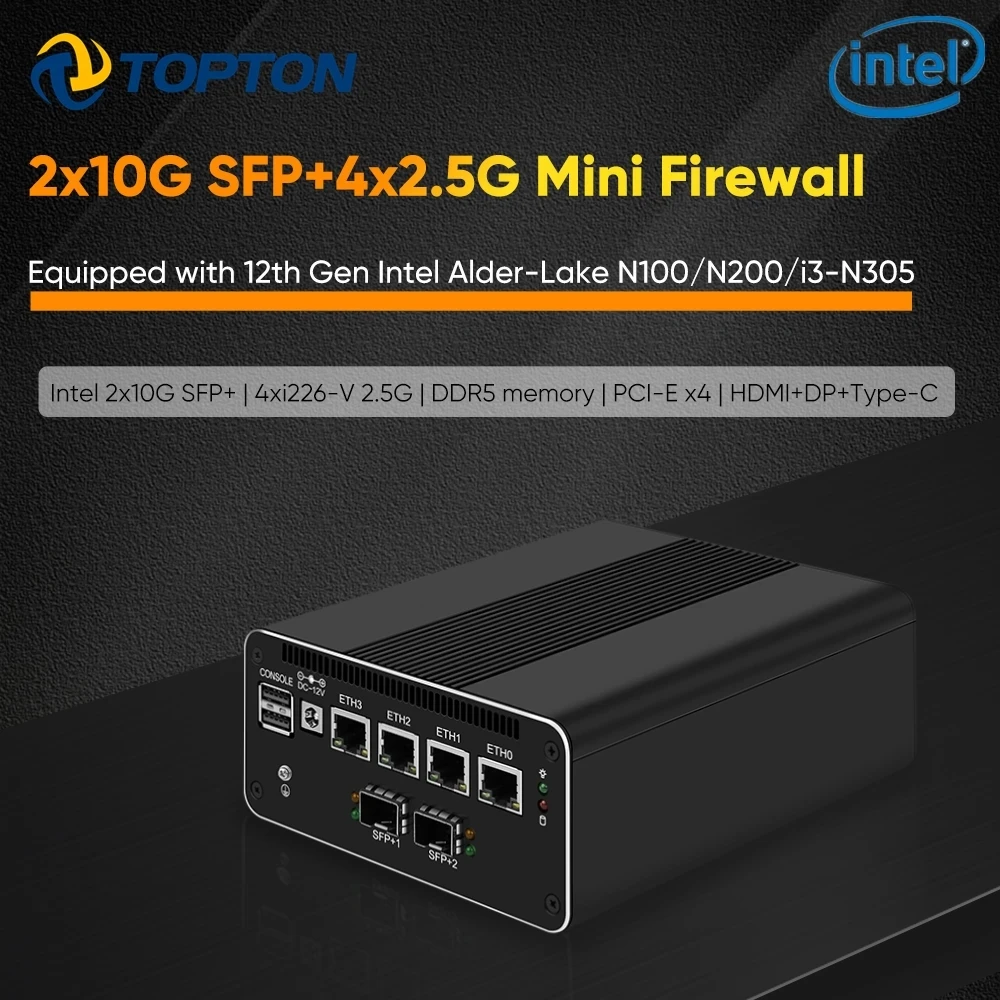 

Topton 12th Gen Firewall Appliance 2*10G SFP Intel i3-N305 N200 N100 4x i226-V 2.5G DDR5 NVMe Soft Router Mini PC Proxmox Server