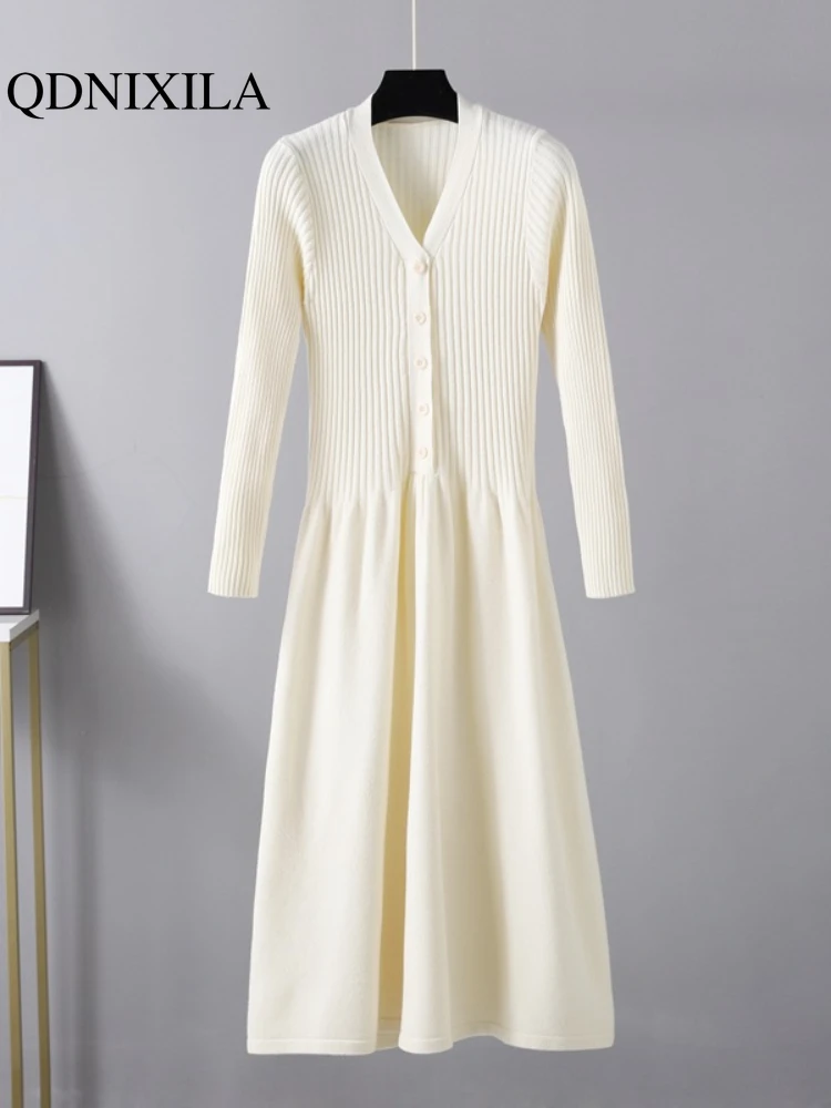

Womens Dresses 2023 Autumn Winter New in V-Neck Long Sleeved Buttoned Commuting Style Solid Color Knitted Dress Woman Clothing