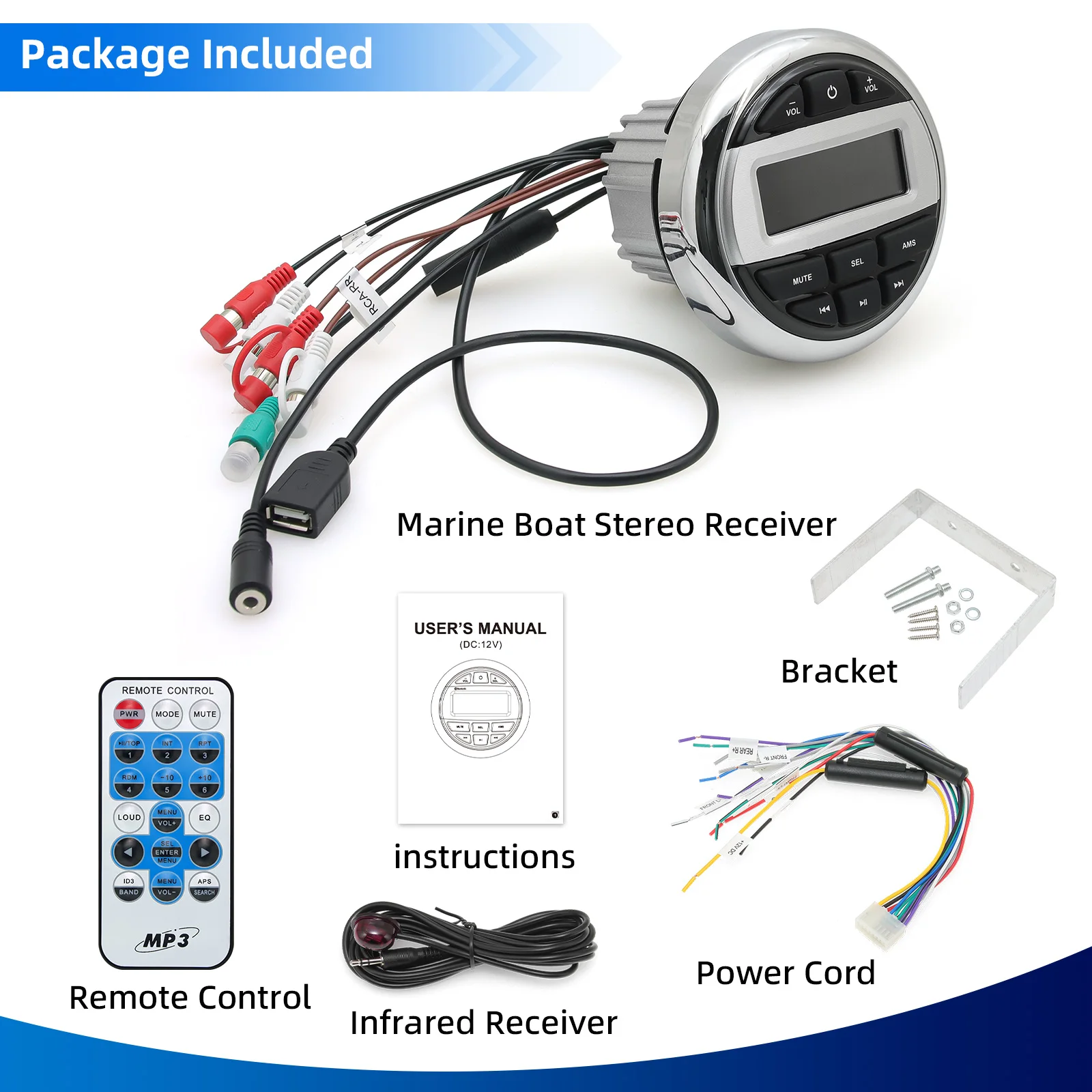 Boat Radio Media Player Marine Stereo MP3 Waterproof Bluetooth-compatible Audio