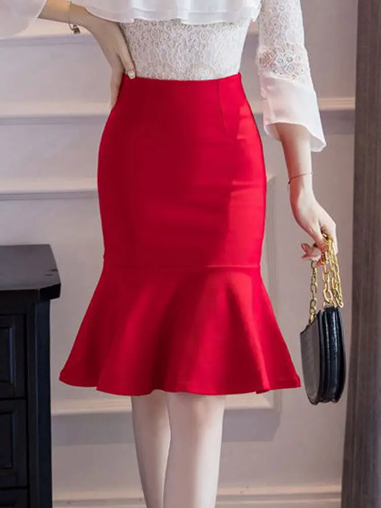 Plus Size Black Mermaid Skirts Womens 2022 Fashion Spring Summer High Waist Midi Skirt Women Elegant Sexy Office Lady Skirt Red white denim skirt Skirts