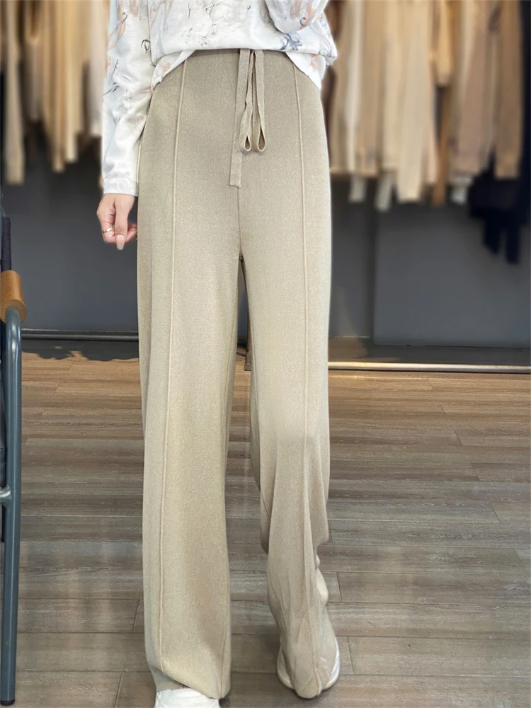 Summer new curved bead ice silk fabric with high waisted elastic band and wide legs, simple and fashionable women's pants