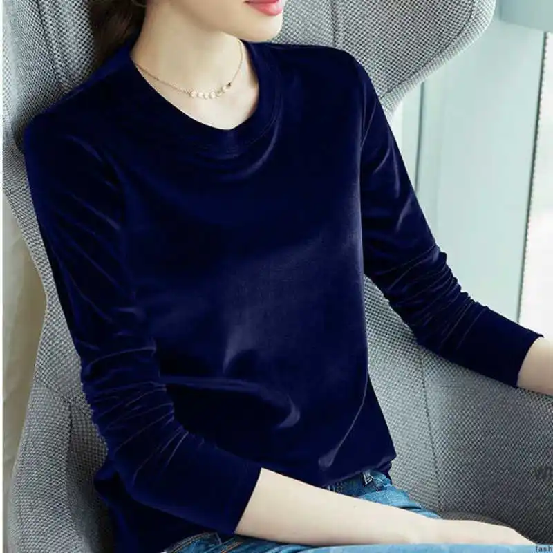 Frühling Lange Hülse Lose Frühen Herbst T-shirt Frauen Gold Samt Kurzen Absatz Bodenbildung Shirt Neue Mode Top