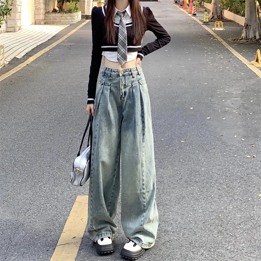 Street Personalized Trend Washed High Waist Loose Shirring Loose Jeans Women Fashion Street Button Pocket Zipper Wide Leg Pants