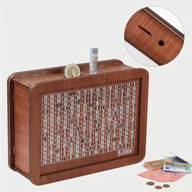 Wooden Piggy Bank For Adult Kids, Money Box With Counter, Money Saving Tin, Box With Counting Target Durable 1000 Euros