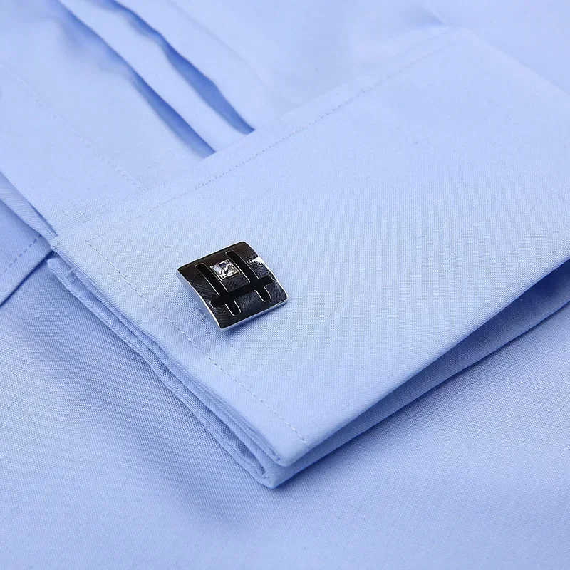 Long Sleeve Shirt French Cufflinks Men's Tuxedo Male Brand Slim Fit White Button Cuff Social Dress