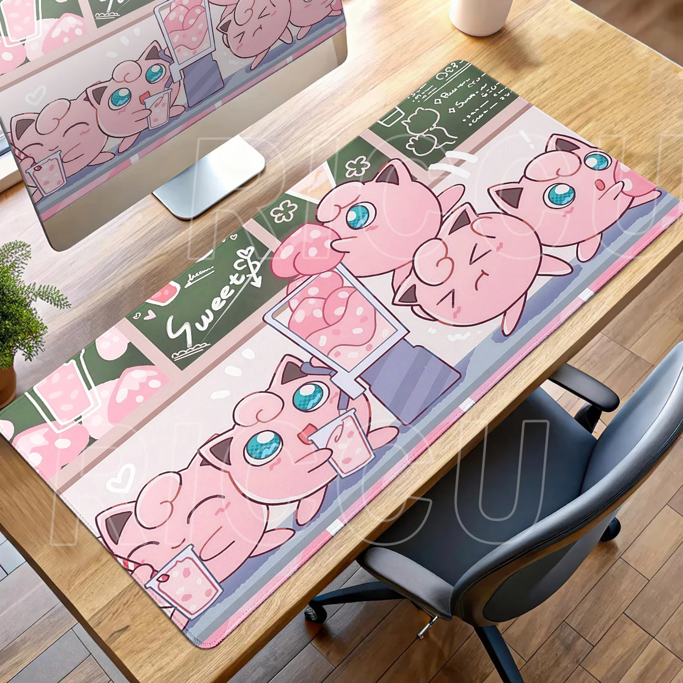 Kawaii Pink Anime Desk Mat with Clefairy & Jigglypuff Design