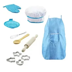 Deluxe Kids' Kitchen Play Set with Utensils and Chef Outfit Gift (Blue)
