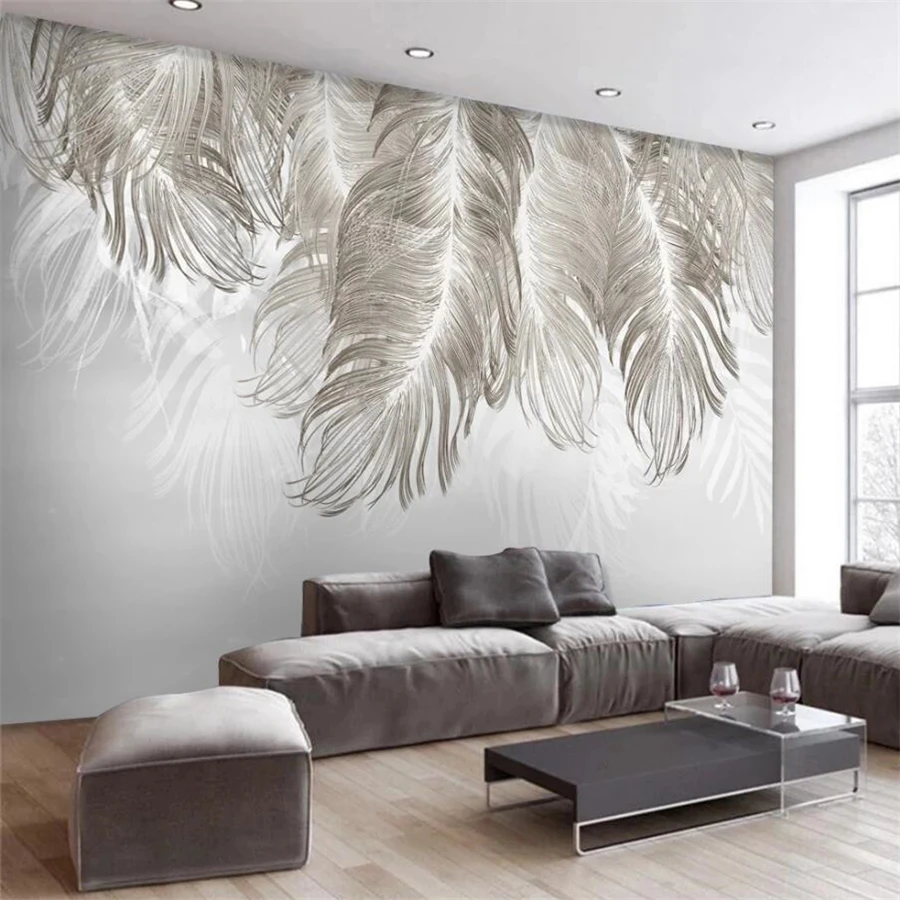 Custom Self Adhesive wallpaper 3d photo mural papel de parede Nordic style wall simple and elegant blues feather bedroom |