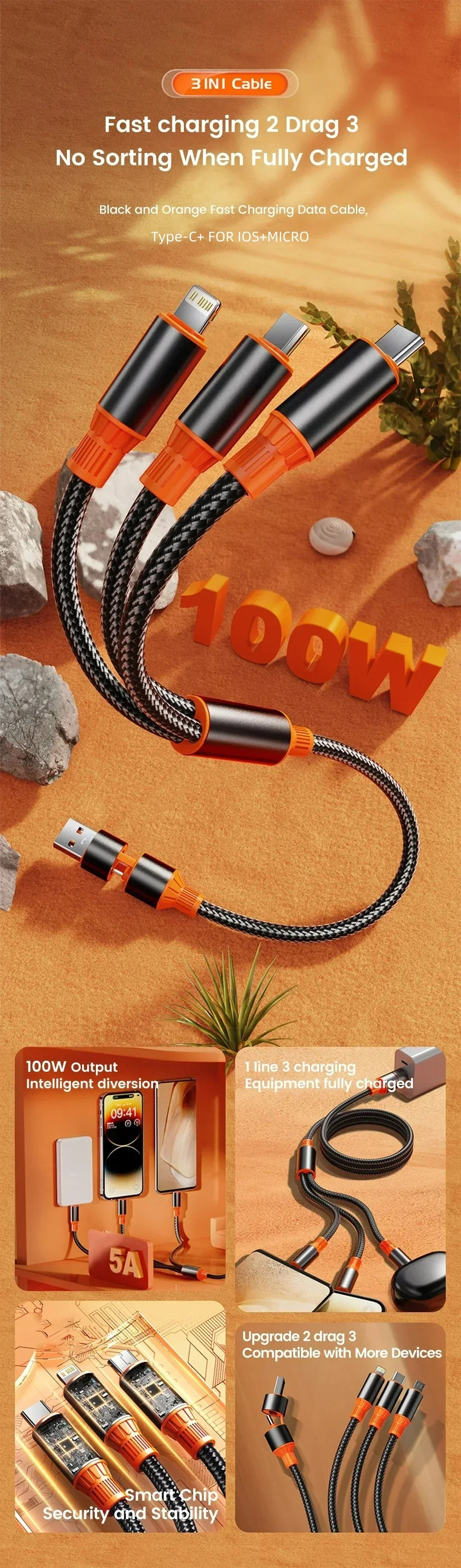 3 in 1 USB Braided Cable Type C Cord Line Fast Charging Mobile Phone USB C Data Cable For iPhone 15 Pro Samsung Xiaomi Huawei