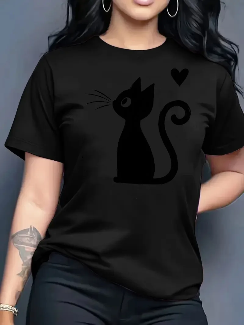 تي شيرت نسائي جديد لصيف 2026 بياقة مستديرة وتصميم عصري فضفاض مع طباعة قطط وأكمام قصيرة