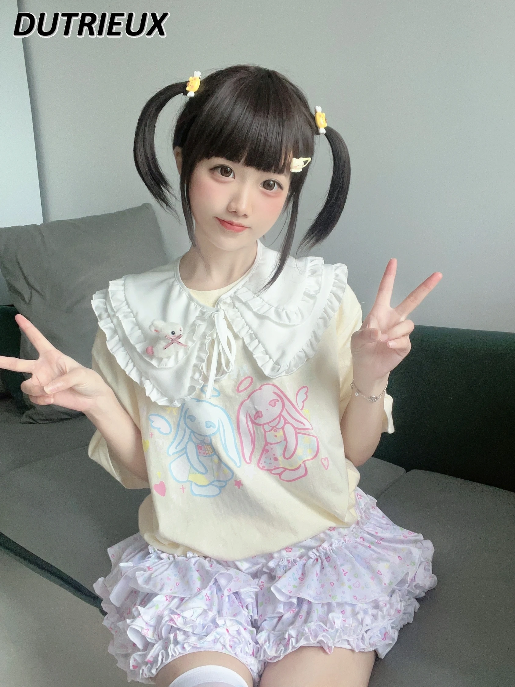 

Fashion Japanese Style Short Sleeve T-shirt Sweet Cute Loose Girl Cotton Printed Doll Collar Top Summer Casual Women's Tee